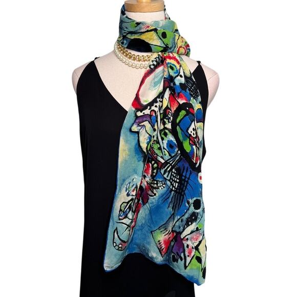 Kandinsky art print 100% silk rolled edge scarf wrap red blue black 16 x 60" - Picture 8 of 8